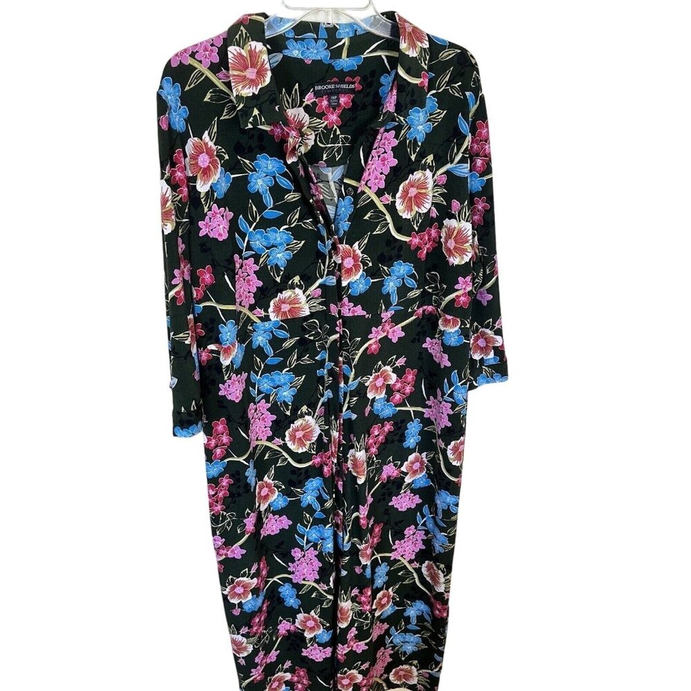 Brooke Shields Timeless Womens Floral Green Button Up Maxi Dress 1X 3/4 Sleeve